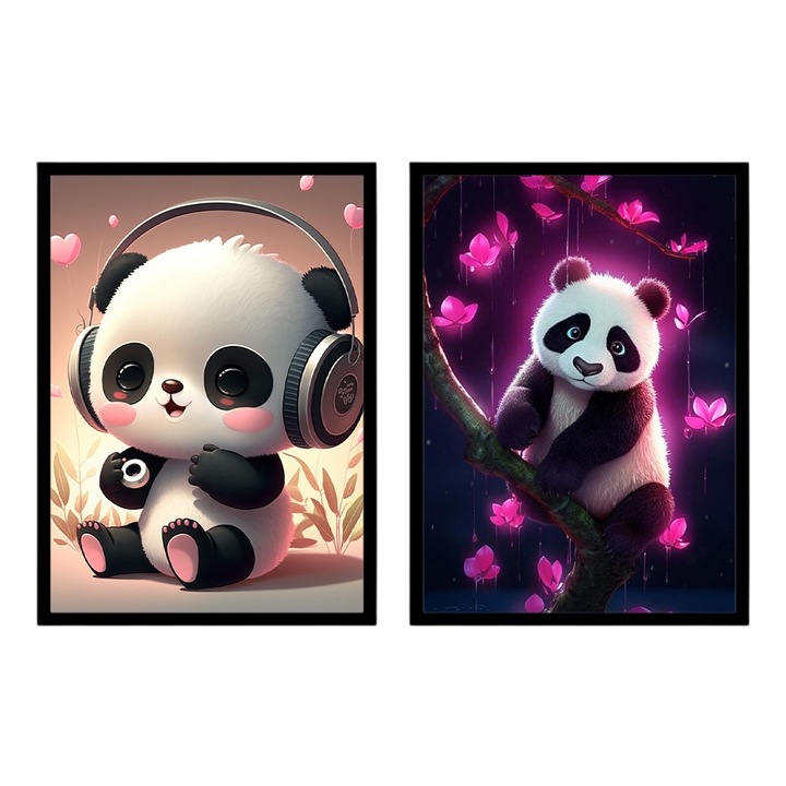 Set 2 Tablouri decorative cu animale, Panda, A4, Negru, 30x20cm, camera copilului