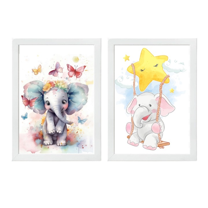 Set 2 Tablouri decorative pentru camera copiilor cu animale, Elefant, A4, Alb, 30x20cm