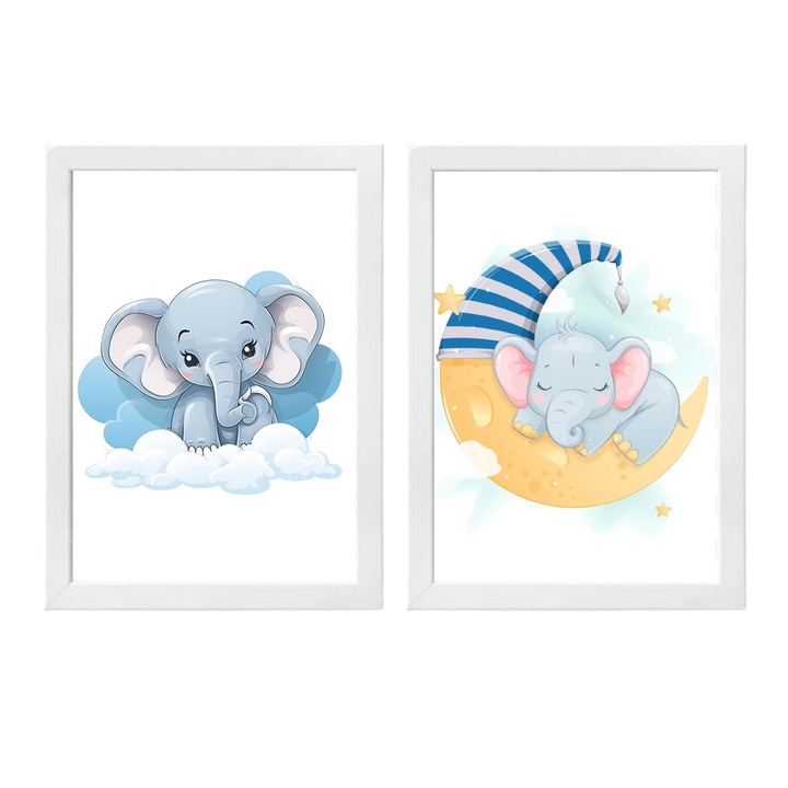 Set 2 Tablouri decorative cu animale pentru camera copiilor, Elefant, A4, Alb, 30x20cm, abstract