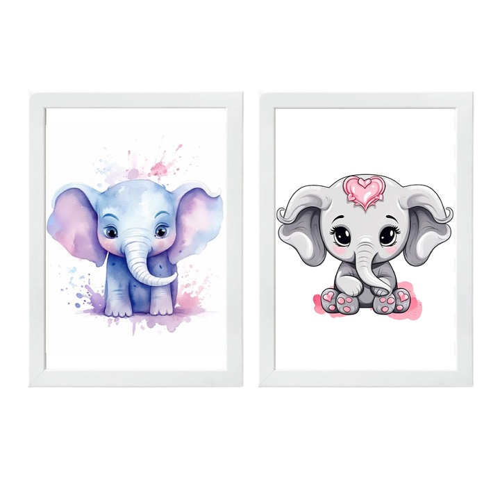 Set 2 Tablouri decorative pentru camera copiilor cu animale, Elefanti, A4, Alb, 30x20cm