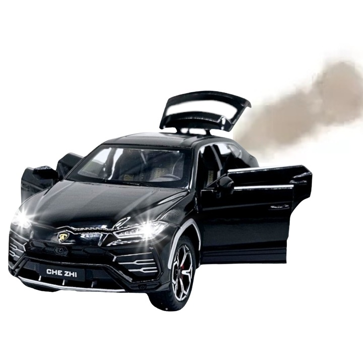 Masina metalica tip Lamborghini Urus cu efecte de fum, Sunete realistice, Farurile si stopurile lumineaza, Capota, portbagajul si cele 4 usi se deschid, Baterii incluse, 21cm, Negru