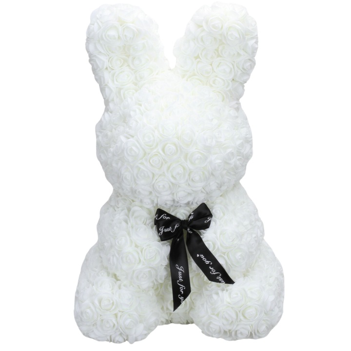 Зайче от дунапренова роза с панделка, 45 см, включена кутия, бяло, PROMERCO®