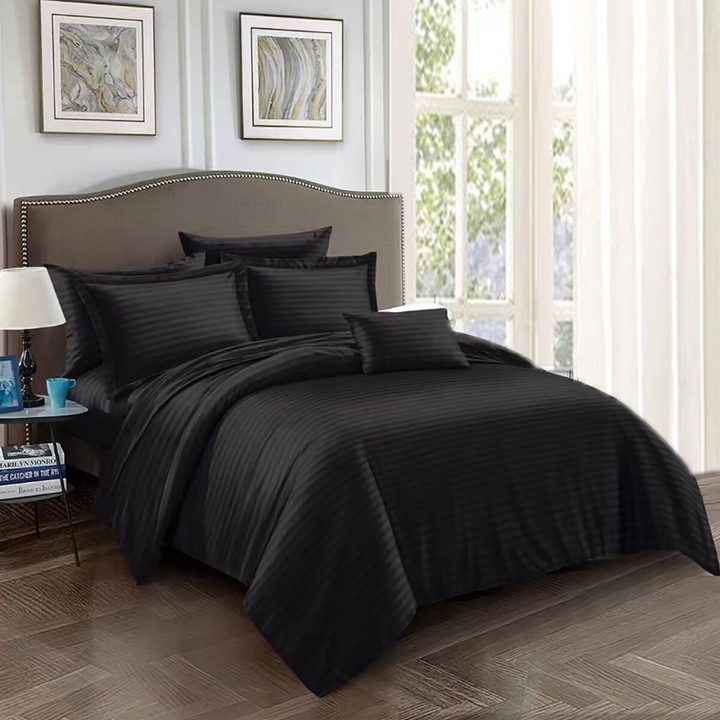 Lenjerie de pat Damasc Policoton, 6 piese, pentru pat dublu, 230 x 250 cm, Negru