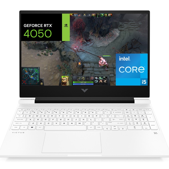 Laptop HP Gaming VICTUS 15-fa1034nn cu procesor Intel® Core™ i5-12450H pana la 4.4GHz, 15.6'', Full HD, IPS, 16GB DDR4, 512GB SSD, NVIDIA® GeForce RTX™ 4050 6GB GDDR6, Free DOS, Ceramic White