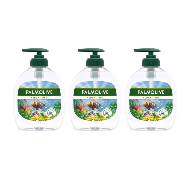 Комплект от 3 X течен сапун Palmolive 300 ml Aquarium Ocean Scence, дерматологично тестван, дълготрайна свежест, елиминира неприятните миризми, деликатен за скалпа, нетоксичен, екологичен
