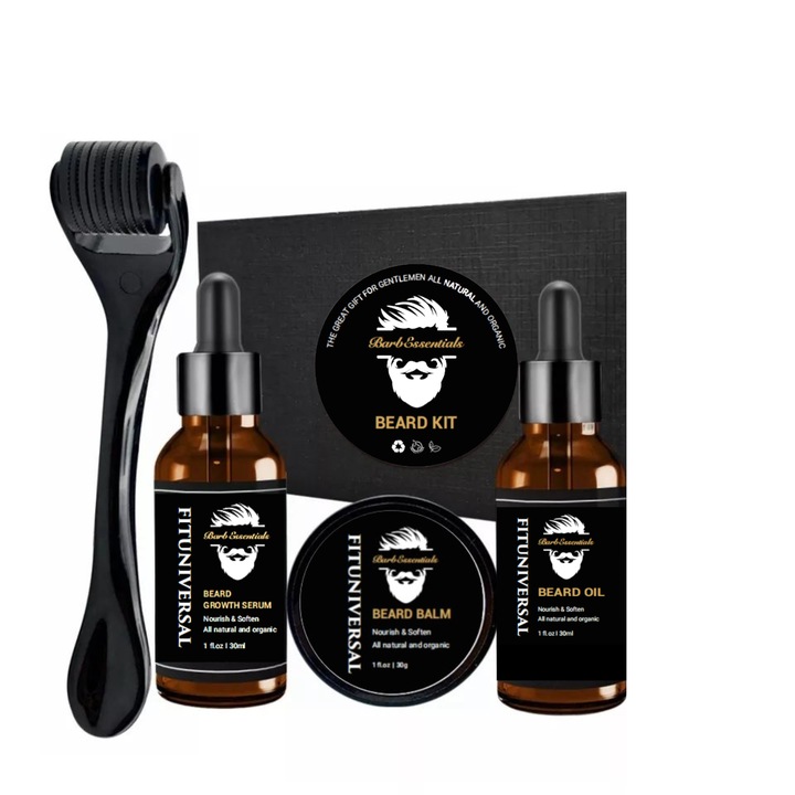 FITUNIVERSAL® Комплект от 4 части за растеж и грижа за брада, включващ дерма ролер, крем и 2 специални масла за растеж и изглаждане на косата, 90 ML