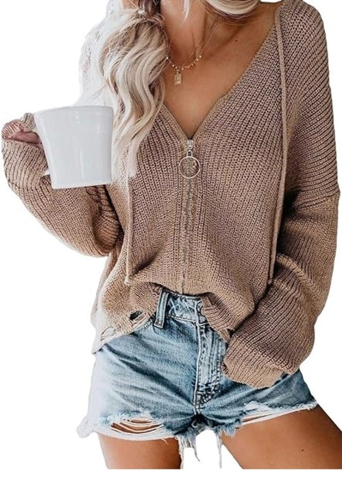 Hanorac din tricot cu gluga si maneci lungi, cu decolteu in V, pentru femei, cu umerii goi, khaki, marimea XL, Dokotoo