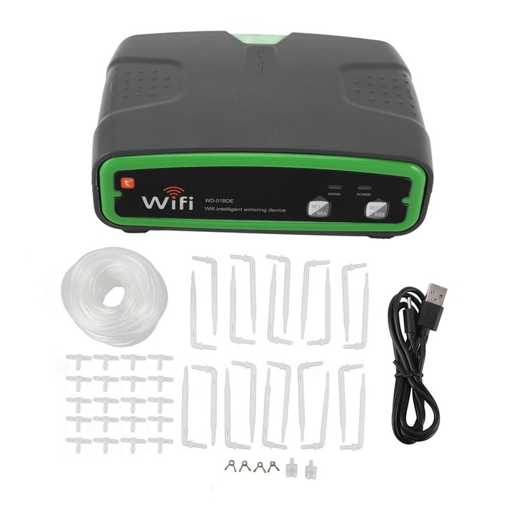 Напоителна система JESWO, WIFI, автоматична, за 20 саксии, управление от приложение, двойни помпи, 2 режима на синхронизиране, черно/зелено, 15x10,3x5 см