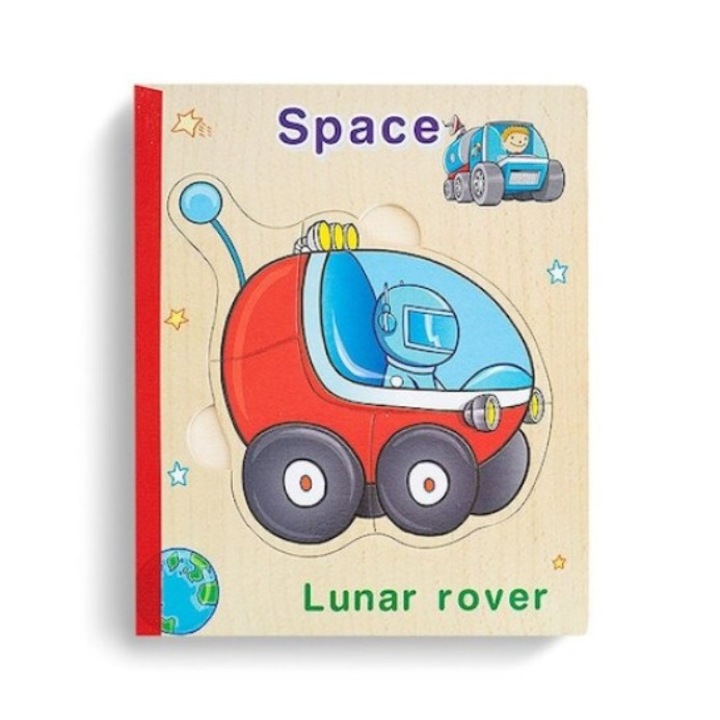 Carte 6 Puzzle-uri din lemn – Descopera Spatiul, limba Engleza, 30 piese, 3 ani+