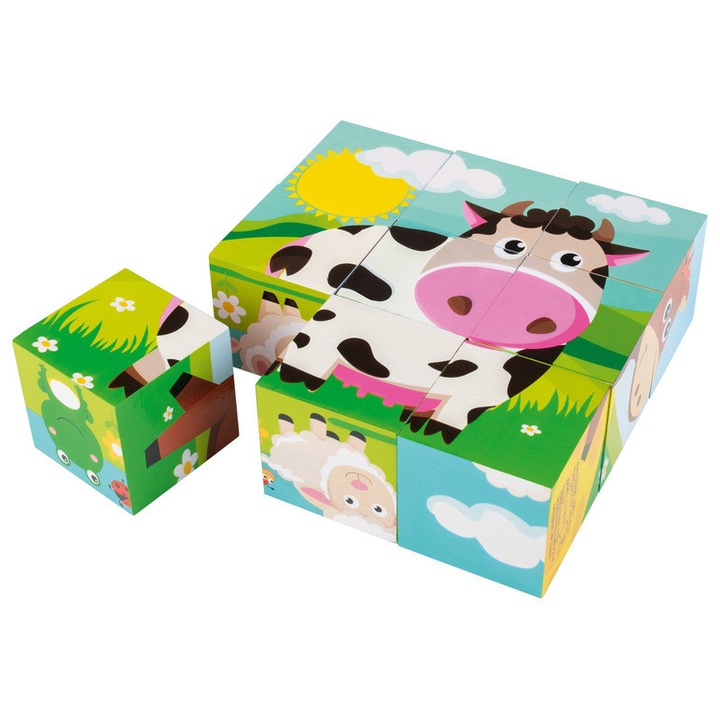 Puzzle cuburi din lemn Playtive 2 ani+, 6 modele de animale viu colorate