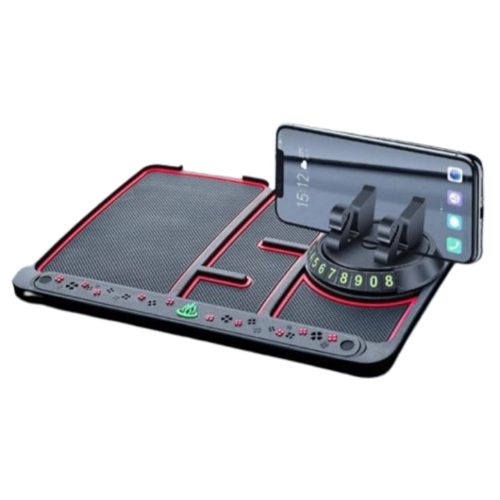 4 az 1-ben többfunkciós autós telefontartó az autó műszerfalához, csúszásmentes, PVC, Fekete, 360 fokban forgatható