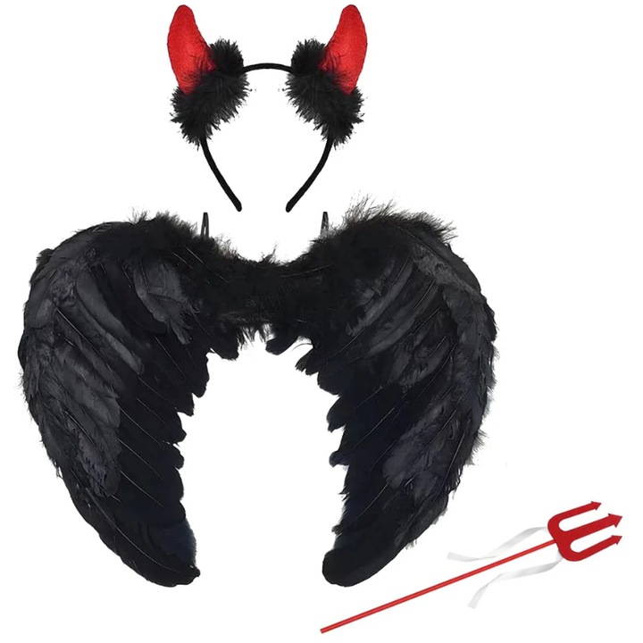 Costum de inger pentru copii, aripi negre de 45 cm, coarne si furca, petrecere de Halloween