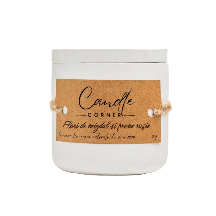 Ръчно изработена ароматизирана свещ от 100% натурален соев восък, аромат на бадемов цвят и червена слива, Бяла керамична кутия, 150 гр.