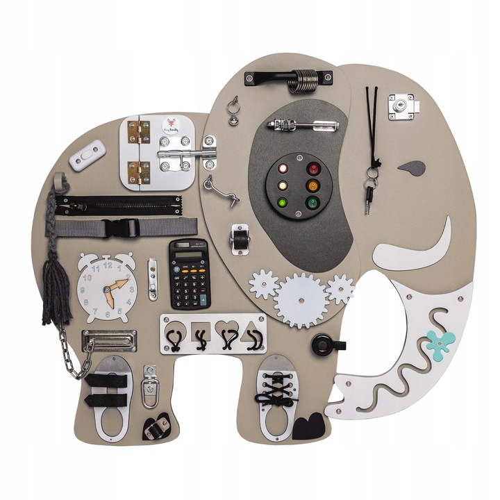 Placa senzoriala de lemn, FOXY FAMILY, Elefant, 26 piese, Montessori cu incuietori, Multiple Activitati, XXL, 71 × 62 cm