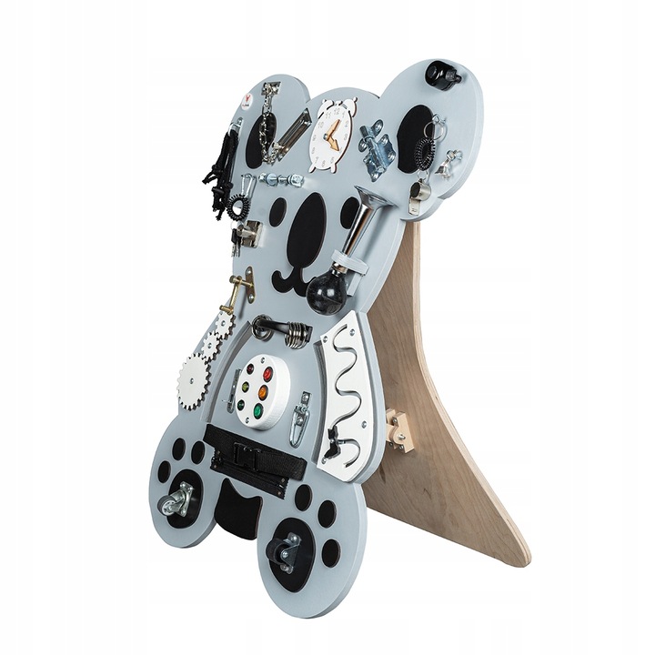 Placa senzoriala de lemn, FOXY FAMILY, Koala, stativ, 21 piese, Montessori cu incuietori, Multiple Activitati, gri, XXL, 75 x 62 cm