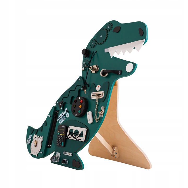 Placa senzoriala de lemn, FOXY FAMILY, KOSMA REX dinozaur, stativ, 20 piese, Montessori cu incuietori, Multiple Activitati, XXL, 77 x 76 cm