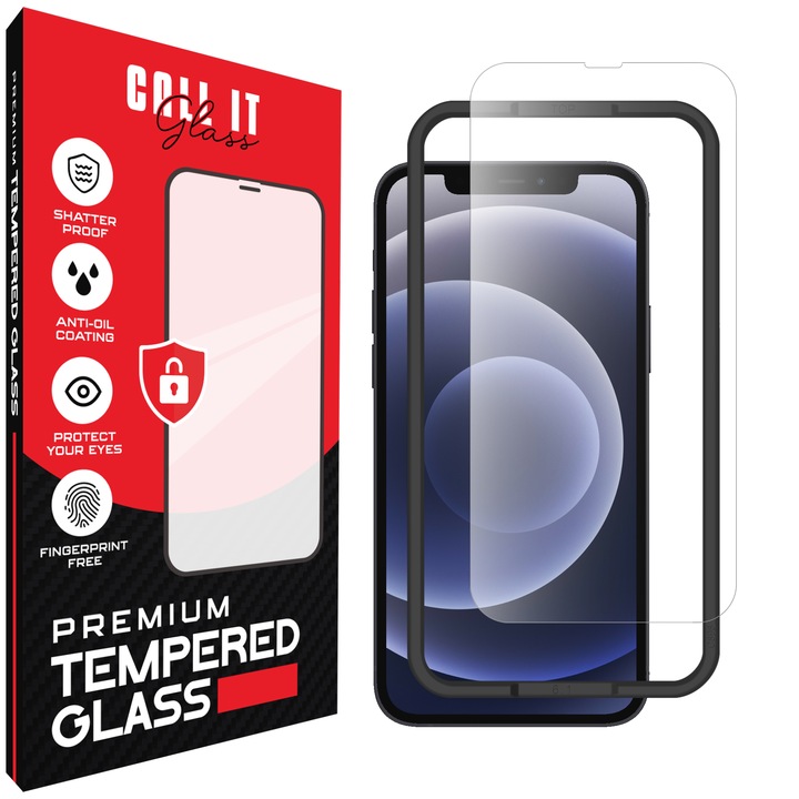 Call It Glass™ védőfólia iPhone 12 telefonhoz, prémium típusú, rendkívül átlátszó, komplett készlet beépíthető kerettel, törésgátló, ütésálló, rugalmas és kemény, teljes kijelző, fekete képernyőzár nélkül – átlátszó üveg