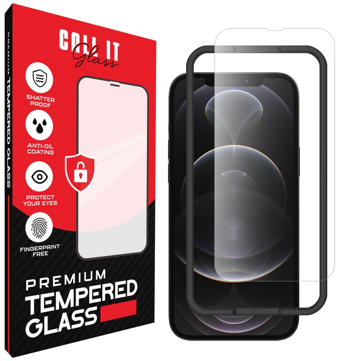 Call It Glass™ védőfólia iPhone 12 pro Max készülékhez, prémium típus, rendkívül átlátszó, komplett készlet szerelőkerettel, törésgátló, ütésálló, rugalmas és kemény, teljes kijelző, fekete képernyőzár nélkül – átlátszó üveg