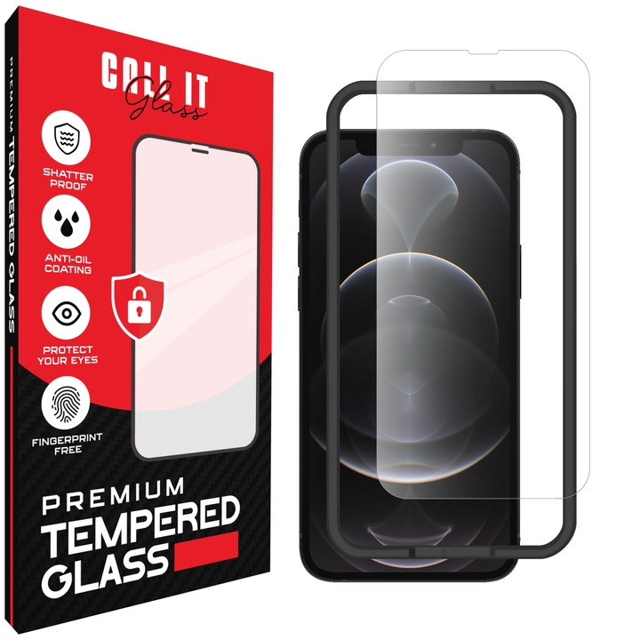Call It Glass™ védőfólia iPhone 12 Pro készülékhez, prémium típus, rendkívül átlátszó, komplett készlet beépítési kerettel, törésgátló, ütésálló, rugalmas és kemény, teljes kijelző, fekete képernyőzár nélkül – átlátszó üveg
