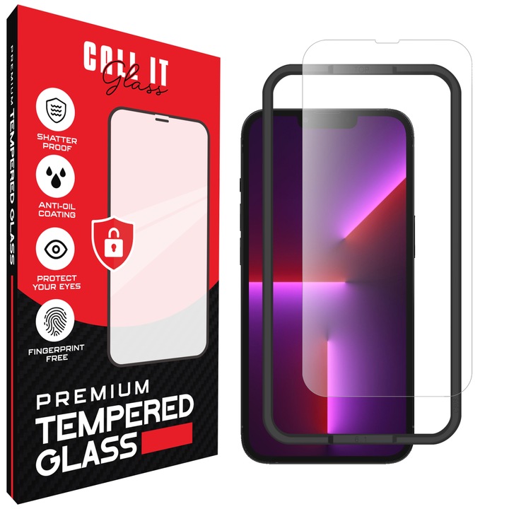 Call It Glass™ védőfólia iPhone 13 Pro készülékhez, prémium típus, rendkívül átlátszó, komplett készlet beépítési kerettel, törésgátló, ütésálló, rugalmas és kemény, teljes kijelző, fekete képernyőzár nélkül – átlátszó üveg