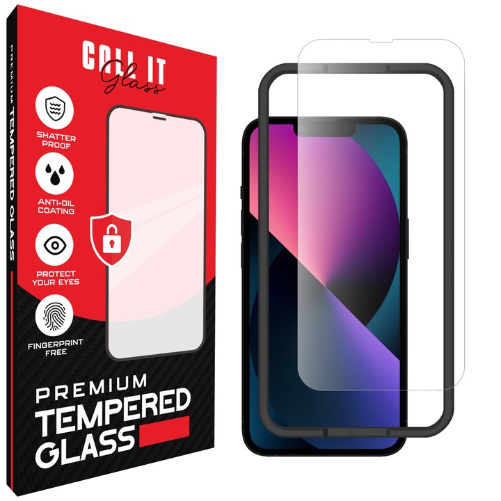 Folie Protectie Call It Glass™ pentru iPhone 13, Tip Premium, Ultra Transparenta, Kit complet cu Cadru de instalare, Anti-Spargere, Shock, Felxibila si Dura, Vizuine completa Display, fara blocare de ecran neagra - Sticla Transparenta