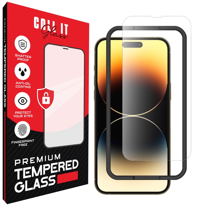 Call It Glass™ védőfólia iPhone 14 Pro Max készülékhez, prémium típus, rendkívül átlátszó, komplett készlet beépítési kerettel, törésgátló, ütésálló, rugalmas és kemény, teljes képernyős, fekete képernyőzár nélkül – átlátszó üveg