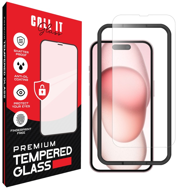 Call It Glass™ védőfólia iPhone 15-höz, prémium típus, komplett készlet szerelőkerettel, törésgátló, ütésálló, rugalmas és kemény, teljes látószögű kijelző, átlátszó üveg