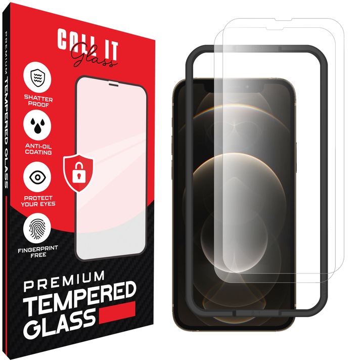 2 db Call It Glass™ védőfólia készlet iPhone 12 Pro készülékhez, prémium típus, rendkívül átlátszó, komplett készlet szerelőkerettel, törésgátló, ütésálló, rugalmas és kemény, teljes kijelző, fekete képernyőzár nélkül – átlátszó üveg