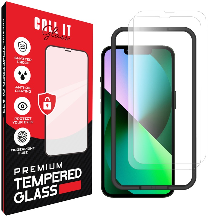 2 db Call It Glass™ védőfólia készlet iPhone 13-hoz, prémium típus, rendkívül átlátszó, komplett készlet szerelőkerettel, törésgátló, ütésálló, rugalmas és kemény, teljes kijelző, fekete képernyőzár nélkül – átlátszó üveg