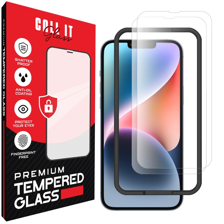 2 db Call It Glass™ védőfólia készlet iPhone 14 Plus készülékhez, prémium típusú, rendkívül átlátszó, komplett készlet szerelőkerettel, törésgátló, ütésálló, rugalmas és kemény, teljes kijelző, fekete képernyőzár nélkül – átlátszó üveg