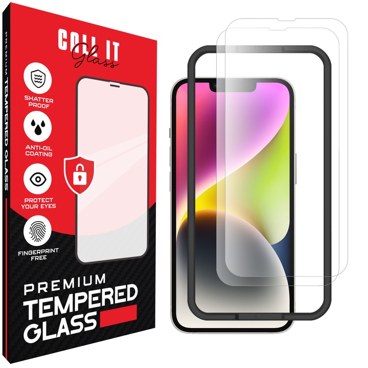 2 db Call It Glass™ védőfólia készlet iPhone 14-hez, prémium típusú, rendkívül átlátszó, komplett készlet szerelőkerettel, törésgátló, ütésálló, rugalmas és kemény, teljes kijelző, fekete képernyőzár nélkül – átlátszó üveg