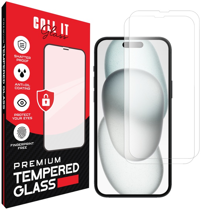 2 db Call It Glass™ védőfólia készlet iPhone 15 Plus készülékhez, prémium típusú, rendkívül átlátszó, teljes beszerelési készlet, törésgátló, ütésálló, rugalmas és kemény, teljes képernyős, fekete képernyőzár nélkül – átlátszó üveg