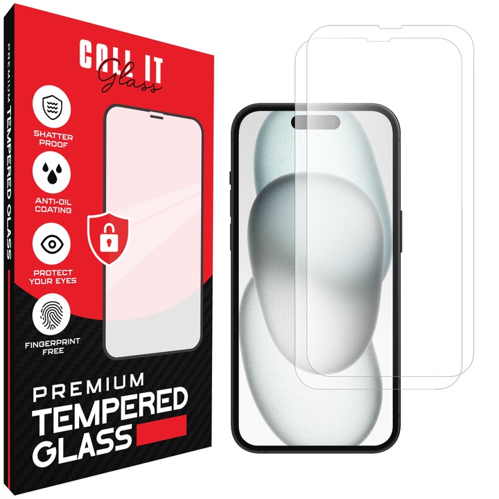 2 db Call It Glass™ védőfólia készlet iPhone 15-höz, prémium típus, rendkívül átlátszó, teljes telepítési készlet, törésgátló, ütésálló, rugalmas és kemény, teljes képernyős, fekete képernyőzár nélkül – átlátszó üveg