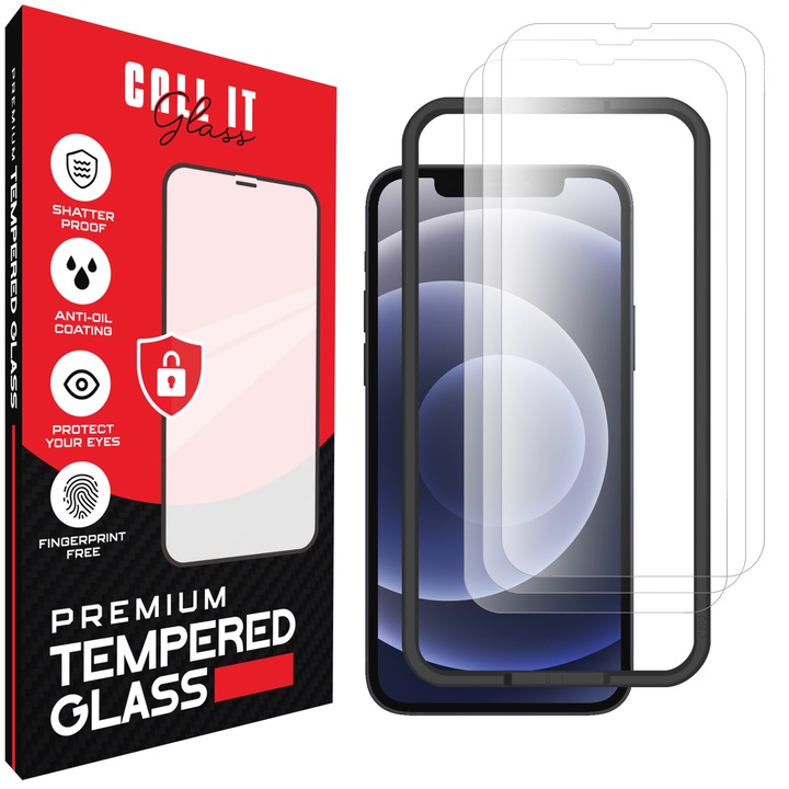 3 db Call It Glass™ védőfólia készlet iPhone 12 Pro Max készülékhez, prémium típus, rendkívül átlátszó, komplett készlet szerelőkerettel, törésgátló, ütésálló, rugalmas és kemény, teljes képernyős kijelző, fekete képernyőzár nélkül – átlátszó üveg