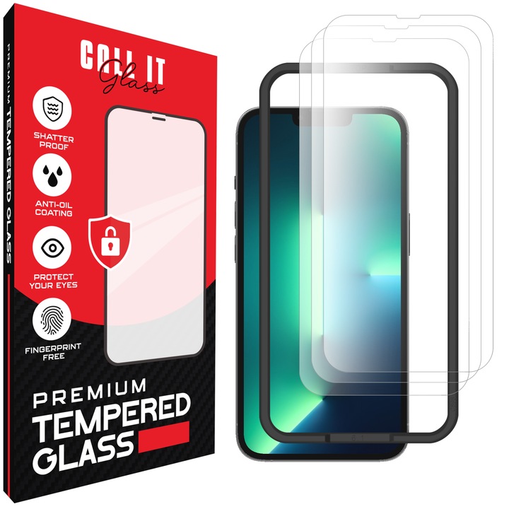 3 Call It Glass™ védőfólia készlet iPhone 13 Pro készülékhez, prémium típus, rendkívül átlátszó, komplett készlet beépítési kerettel, törésgátló, ütésálló, rugalmas és kemény, teljes kijelző, fekete képernyőzár nélkül – átlátszó üveg
