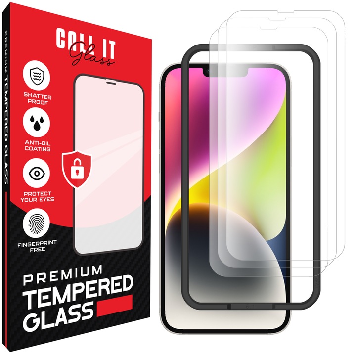 3 db Call It Glass™ védőfólia készlet iPhone 14 Plus készülékhez, prémium típus, rendkívül átlátszó, komplett készlet szerelőkerettel, törésgátló, ütésálló, rugalmas és kemény, teljes képernyős kijelző, fekete képernyőzár nélkül – átlátszó üveg