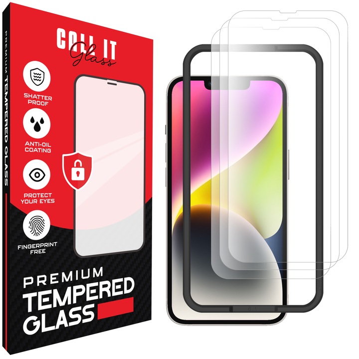 3 db Call It Glass™ védőfólia készlet iPhone 14-hez, prémium típus, rendkívül átlátszó, komplett készlet szerelőkerettel, törésgátló, ütésálló, rugalmas és kemény, teljes képernyős kijelző, fekete képernyőzár nélkül – átlátszó üveg