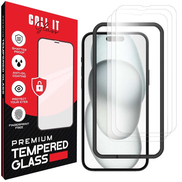 3 db Call It Glass™ védőfólia készlet iPhone 15 Plus készülékhez, prémium típus, rendkívül átlátszó, komplett készlet szerelőkerettel, törésgátló, ütésálló, rugalmas és kemény, teljes kijelzős barlang, fekete képernyőzár nélkül – átlátszó üveg