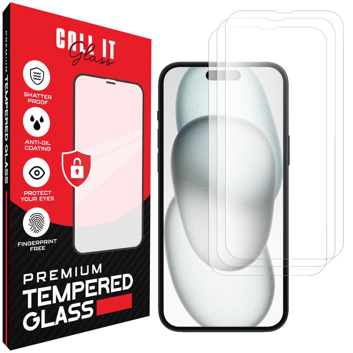 3 Call It Glass™ védőfólia készlet iPhone 15 Plus készülékhez, prémium típusú, ultra átlátszó, teljes beszerelési készlet, törésgátló, ütésálló, rugalmas és kemény, teljes képernyős kijelző, fekete képernyőzár nélkül – átlátszó üveg