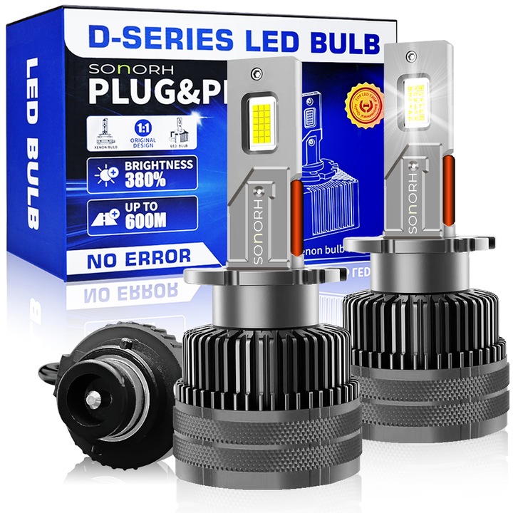 Ксенонови LED крушки D2S/D2R, 120 W, 20 000 лумена, Canbus Plug&Play, 2 части, вентилатор и меден охлаждащ прът, 30 000 часа, IP68, SONORH®