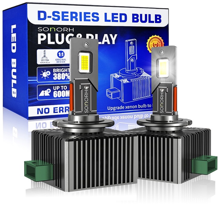 Becuri Xenon LED D3S/D3R, 120W, 20000 Lumen, Canbus Plug&Play, 2 Bucati, Ventilator si Tija Racire din Cupru, 30000 Ore, IP68, SONORH®