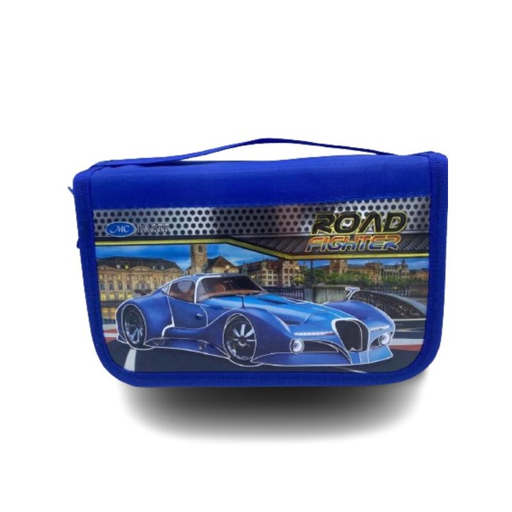 Felszereletlen iskolai fiú tolltartó, 3D, 3 rekeszes, kék sárga, 19 cm