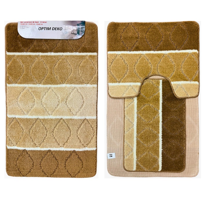 Set covoras de baie 3 piese, polipropilena, 100x60, 60x50, 40x60, Crem/Maro/Alb
