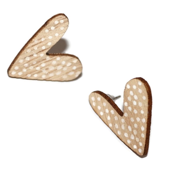 Cercei cu inimioare din lemn pictate handmade