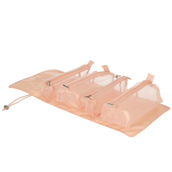 Geanta organizatoare cosmetice si parfumuri, Tecos, ideala pentru travel sau bagaj de cala, roz prafuit, 4 compartimente detasabile