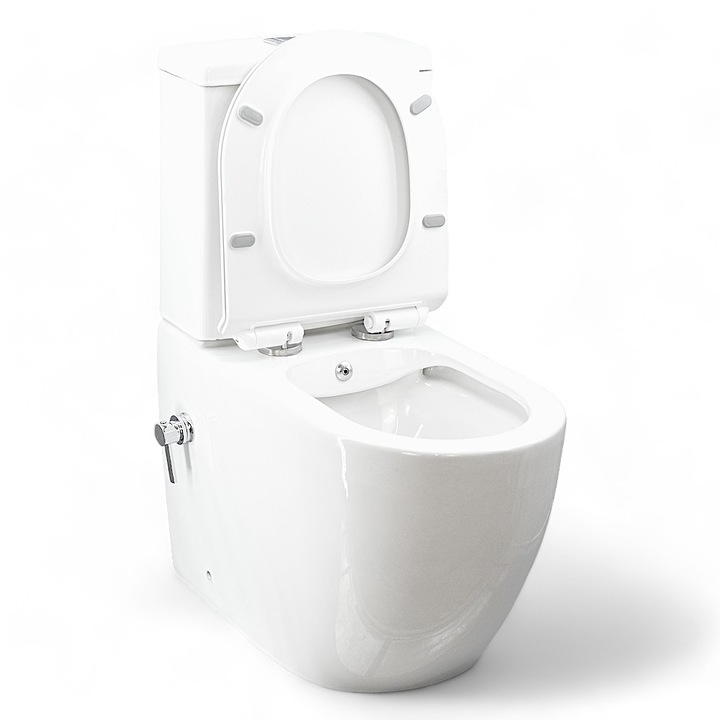 Set vas WC cu functie bideu DuoComfort, Back-To-Wall, Rimless, Candore TempoLine Oval White, capac Duroplast cadere lenta, baterie amestec