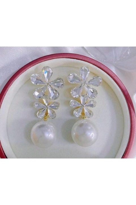 Cercei lungi floare, pietre zirconia, argintiu, 4.6 x 2 cm