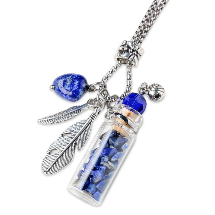 Pandantiv sticluta cu cristale Lapis lazuli albastru intens si aripi de inger, design spiritual, protectie si intelepciune, ideal cadou personalizat