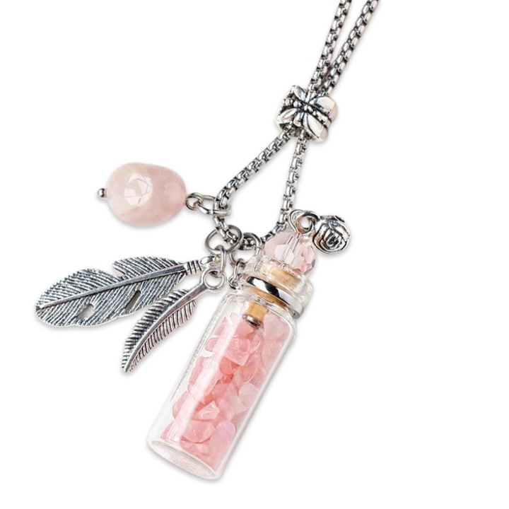 Pandantiv sticluta cu cristale cuart roz si aripi de inger, simbol iubire si compasiune, accesoriu delicat, cadou feminin cu semnificatie