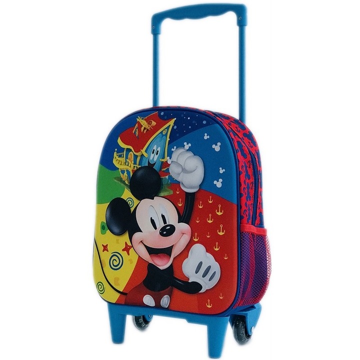 Hátizsák 3D Disney Mickey Mouse, kerekekkel, 1 rekesszel, 1 oldalsó zsebbel, 39 x 28 x 14 cm, Multi